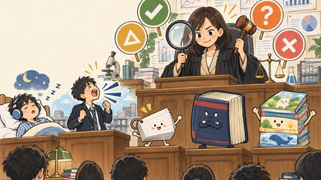 ありえへん英語学習法図鑑の紹介：英語の勉強法を論文で判定する先生のイラスト