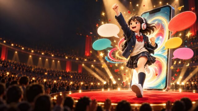 スマホから飛び出して赤い円形ステージで拳を上げる、ヘッドホンの高校生のイラスト