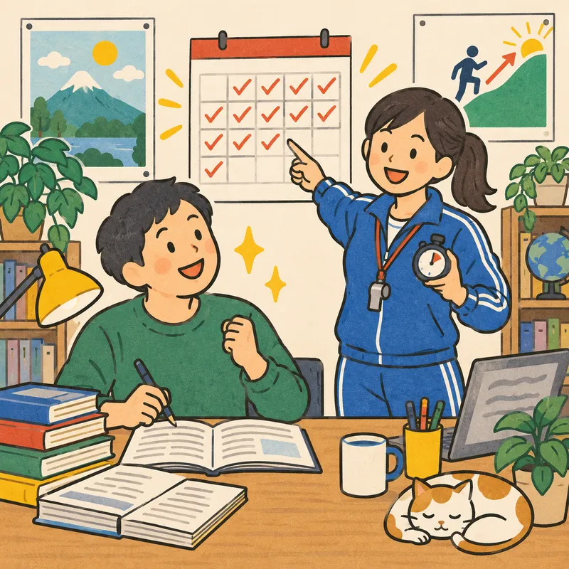 英語コーチング（短期集中で学習を管理してもらう）のイラスト