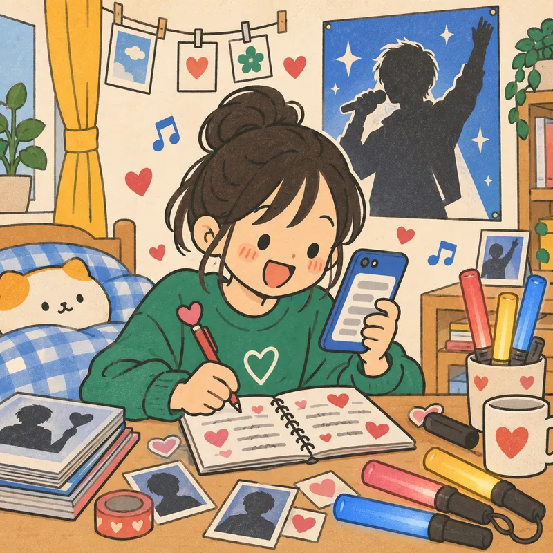 推し活英語（好きな海外スターや配信者を英語で追う）のイラスト