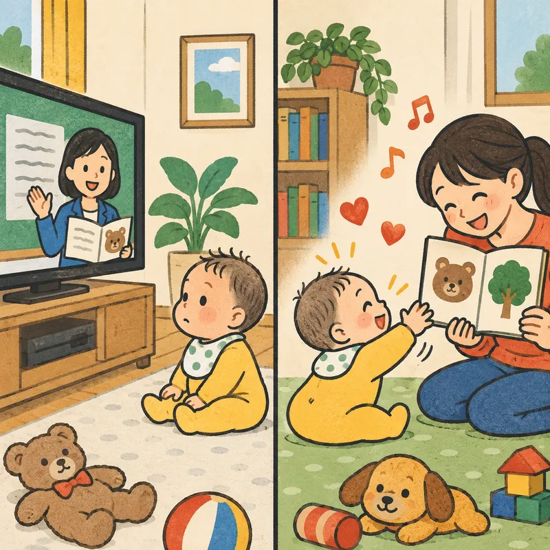 赤ちゃんに外国語の幼児向けDVD・動画を見せるのイラスト