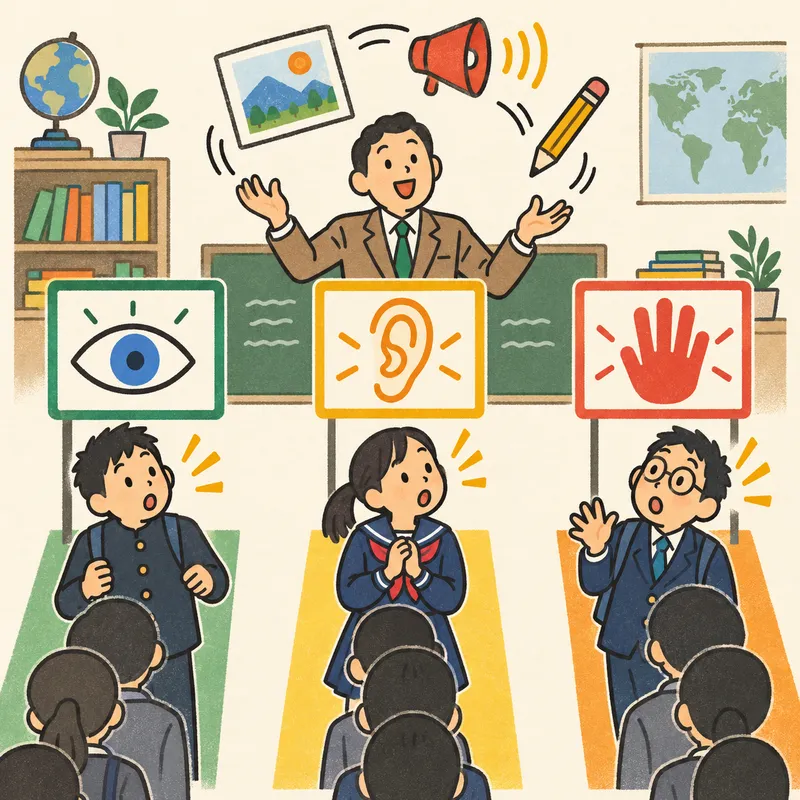 学習スタイル診断（視覚型・聴覚型・体感型）に合わせて学ぶのイラスト