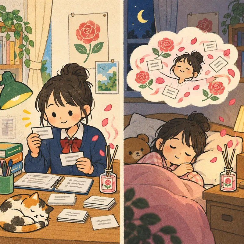 バラの香りで英単語を覚える（勉強中と寝室に同じ香り）のイラスト