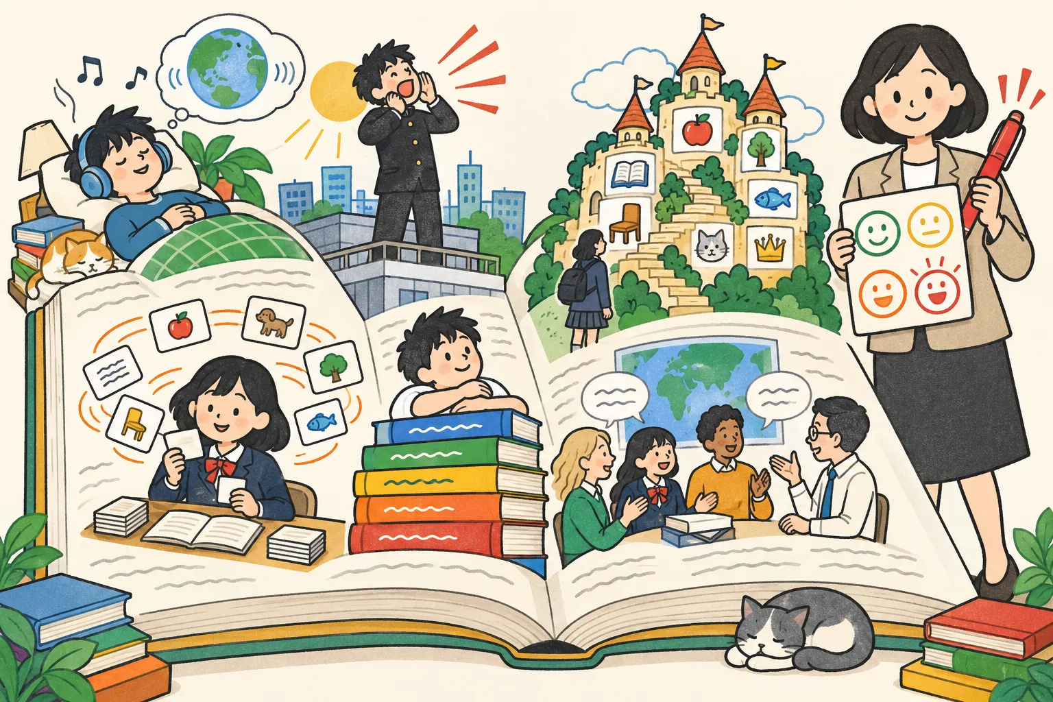開いた図鑑から、寝ながら聞く学生や叫ぶ学生、記憶の宮殿などの勉強法が飛び出し、赤ペンを持った先生が判定スタンプを持っているイラスト