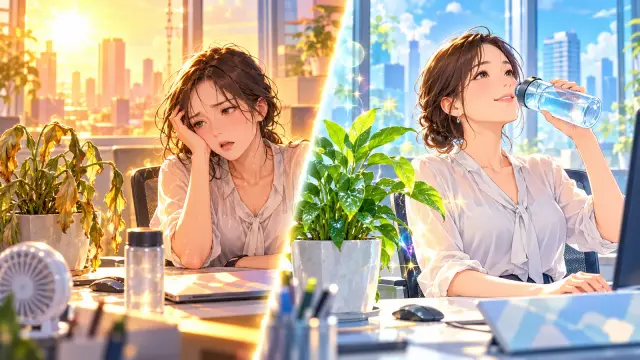 「水分が足りないと、頭の働きが落ちる」のイメージイラスト