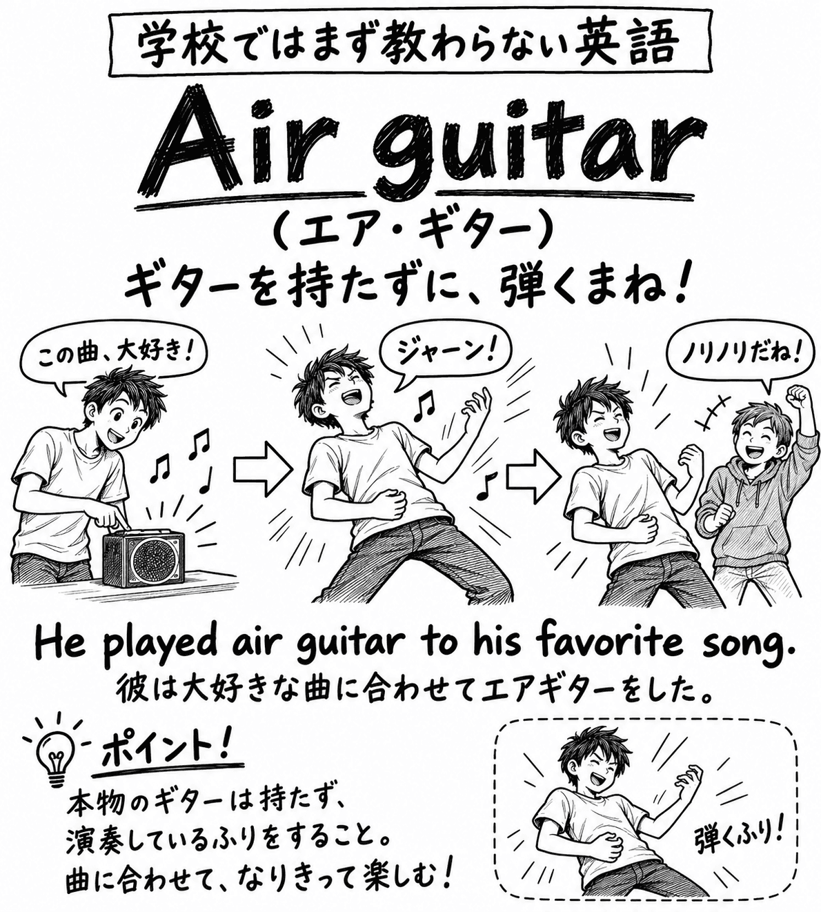 「学校ではまず教わらない英語」Air guitar（エア・ギター）の手描き風イラスト。見出しの下に「ギターを持たずに、弾くまね！」とある。3コマの構成で、矢印でつながっている。1コマ目は、男の子が「この曲、大好き！」と言いながらスピーカーのボタンを押している。2コマ目は、男の子が「ジャーン！」と叫び、何も持たずにギターを弾くかっこうをしている。3コマ目は、横で見ている友だちがこぶしを上げて「ノリノリだね！」と言っている。その下に "He played air guitar to his favorite song."（彼は大好きな曲に合わせてエアギターをした。）という例文。左下のポイント欄には「本物のギターは持たず、演奏しているふりをすること。曲に合わせて、なりきって楽しむ！」とある。右下の囲みでは、男の子が「弾くふり！」と体をそらしている。