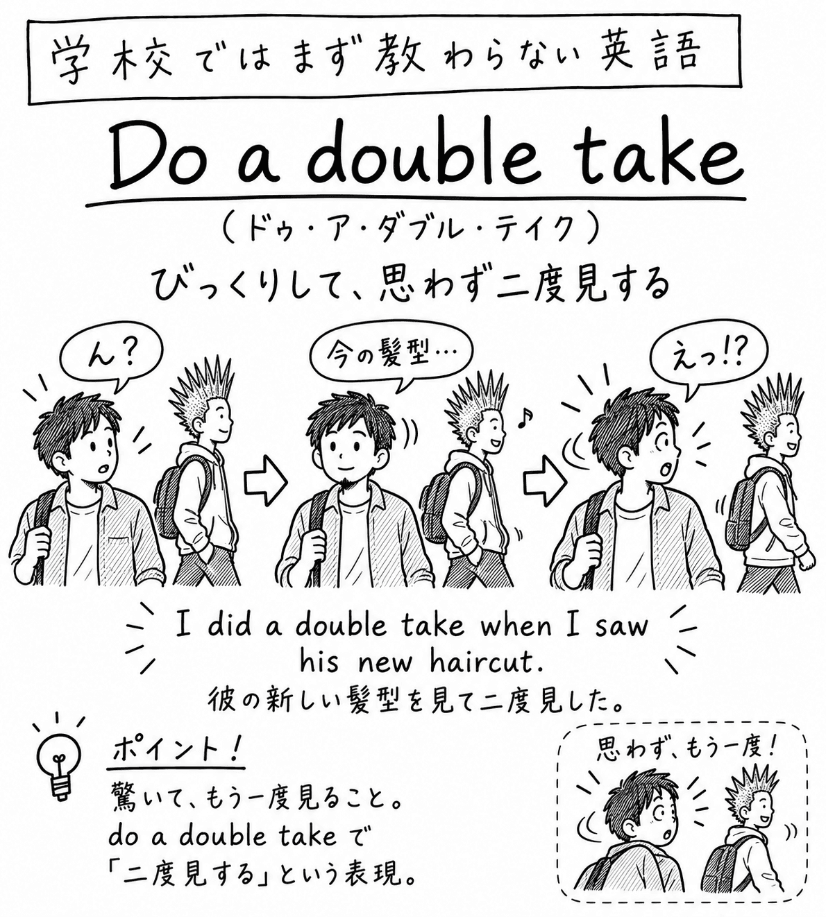「学校ではまず教わらない英語」Do a double take（ドゥ・ア・ダブル・テイク）の手描き風イラスト。見出しの下に「びっくりして、思わず二度見する」という説明がある。3コマの構成で、矢印でつながっている。1コマ目は、リュックを背負った男性が、横を通る髪をツンツンに逆立てた人を見て「ん？」と言う場面。2コマ目は、男性がいったん前を向いて「今の髪型…」と考える場面。3コマ目は、男性が驚いた顔で振り返り「えっ!?」と言う場面。その下に "I did a double take when I saw his new haircut."（彼の新しい髪型を見て二度見した。）という例文。左下のポイント欄には「驚いて、もう一度見ること。do a double take で『二度見する』という表現。」とある。右下の囲みには「思わず、もう一度！」と書かれ、男性が振り返っている絵がある。