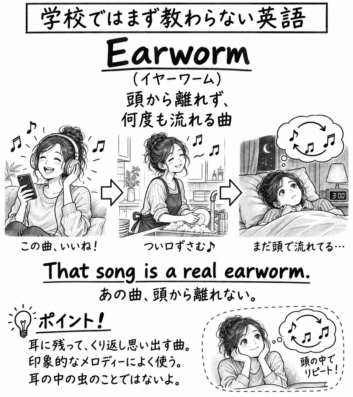 「学校ではまず教わらない英語」Earworm（イヤーワーム）の手描き風イラスト。見出しの下に「頭から離れず、何度も流れる曲」という説明がある。3コマの構成で、矢印でつながっている。1コマ目は、ヘッドホンをして、スマートフォンを持った女性が、笑顔で音楽を聞いている場面で「この曲、いいね！」。2コマ目は、台所で皿を洗いながら、気持ちよさそうに歌っている場面で「つい口ずさむ♪」。3コマ目は、夜中の3時に、ベッドで眠れずにいる女性の頭の上に、音符がぐるぐる回る吹き出しが出ている場面で「まだ頭で流れてる…」。その下に "That song is a real earworm."（あの曲、頭から離れない。）という決め台詞。左下のポイント欄には「耳に残って、くり返し思い出す曲。印象的なメロディーによく使う。耳の中の虫のことではないよ。」とある。右下の囲みには、頬杖をついた女性と、音符がくり返し回る吹き出しの絵に「頭の中でリピート！」という言葉がある。