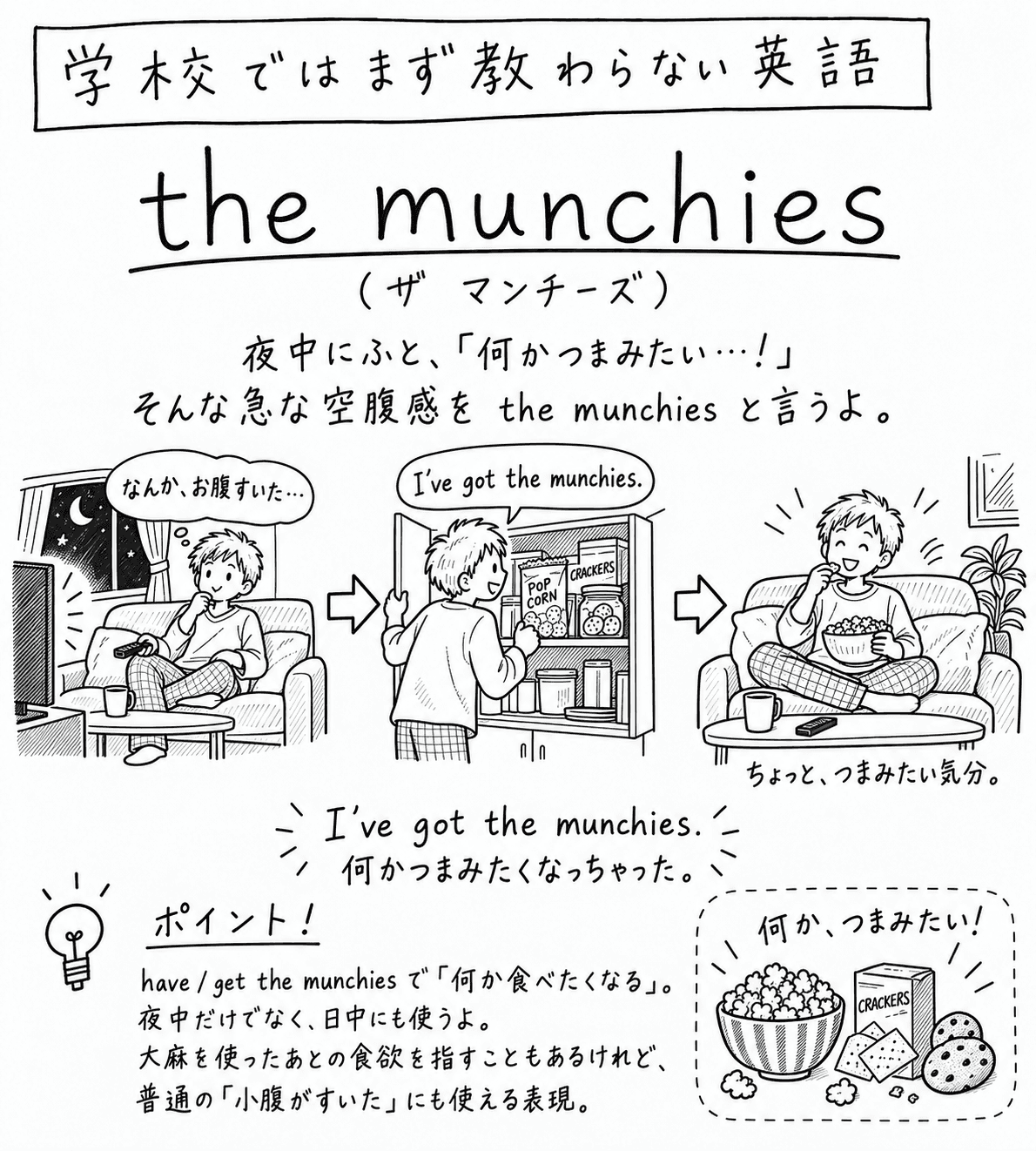 「学校ではまず教わらない英語」the munchies（ザ マンチーズ）の手描き風イラスト。見出しの下に「夜中にふと、『何かつまみたい…！』そんな急な空腹感を the munchies と言うよ。」という説明がある。3コマの構成。1コマ目は夜で、窓の外に月と星が見える部屋。ソファに座った人がテレビのほうを向いていて、「なんか、お腹すいた…」と思っている。2コマ目は、その人が戸棚を開けている。戸棚にはポップコーンやクラッカーなどが入っていて、吹き出しに "I've got the munchies." とある。3コマ目は、ソファに足を組んで座った人が、ポップコーンのボウルを持って笑顔でつまんでいる。「ちょっと、つまみたい気分。」と書いてある。その下に "I've got the munchies."（何かつまみたくなっちゃった。）という決め台詞。左下のポイント欄には「have / get the munchies で『何か食べたくなる』。夜中だけでなく、日中にも使うよ。大麻を使ったあとの食欲を指すこともあるけれど、普通の『小腹がすいた』にも使える表現。」とある。右下の囲みには、ポップコーンのボウル、クラッカーの箱、クッキーの絵と「何か、つまみたい！」という言葉がある。