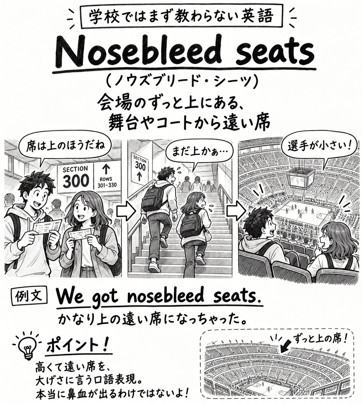 「学校ではまず教わらない英語」Nosebleed seats（ノウズブリード・シーツ）の手描き風イラスト。見出しの下に「会場のずっと上にある、舞台やコートから遠い席」という説明がある。3コマの構成で、矢印でつながっている。1コマ目は、男女2人がチケットを手に「SECTION 300」の案内板の前に立ち、男性が「席は上のほうだね」と言っている。2コマ目は、2人が長い階段をのぼる場面で「まだ上かぁ…」と書かれている。3コマ目は、2人が客席のずっと上からバスケットボールのコートを見下ろす場面で「選手が小さい！」と書かれている。その下に "We got nosebleed seats."（かなり上の遠い席になっちゃった。）という例文。左下のポイント欄には「高くて遠い席を、大げさに言う口語表現。本当に鼻血が出るわけではないよ！」とある。右下の囲みには、スタジアムの上のほうの席を矢印で指し、「ずっと上の席！」と書かれている。