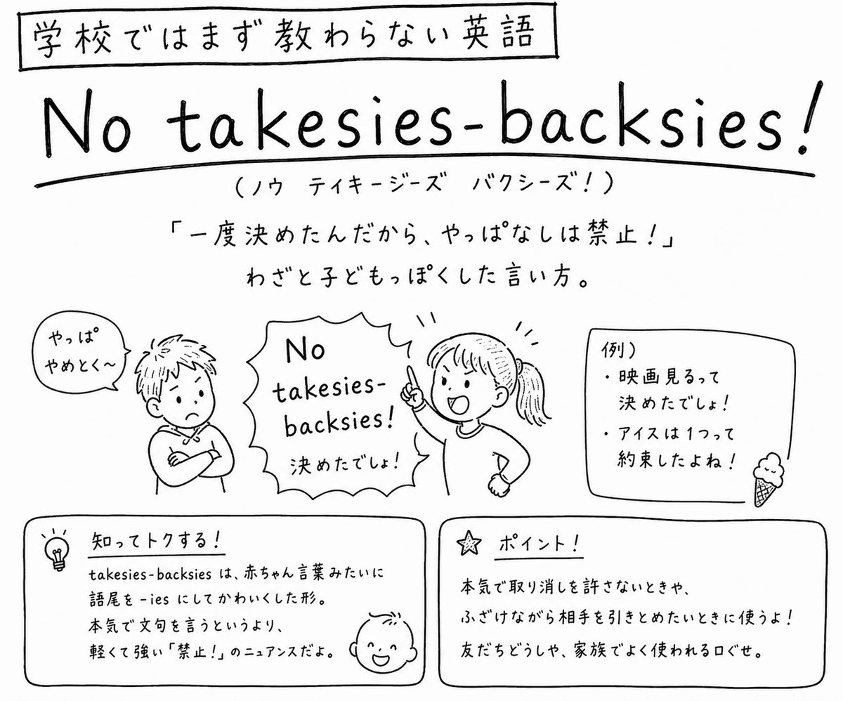 「学校ではまず教わらない英語」No takesies-backsies!（ノウ・テイキージーズ・バクシーズ）の手描き風イラスト。上部に「一度決めたんだから、やっぱなしは禁止！　わざと子どもっぽくした言い方」という説明がある。中央に、「やっぱやめとく〜」と腕組みする男の子と、それに向かって「No takesies-backsies! 決めたでしょ！」と指を立てて言う女の子の絵。右側の囲みに「例）映画見るって決めたでしょ！」「アイスは1つって約束したよね！」という例文。下部左に「知ってトクする！」として、takesies-backsiesは赤ちゃん言葉のように語尾を-iesにしてかわいくした形で、本気で文句を言うというより軽くて強い「禁止！」のニュアンスだという説明。下部右に「ポイント！」として、本気で取り消しを許さないときや、ふざけながら相手を引きとめたいときに使う、友達どうしや家族の口ぐせだという説明。