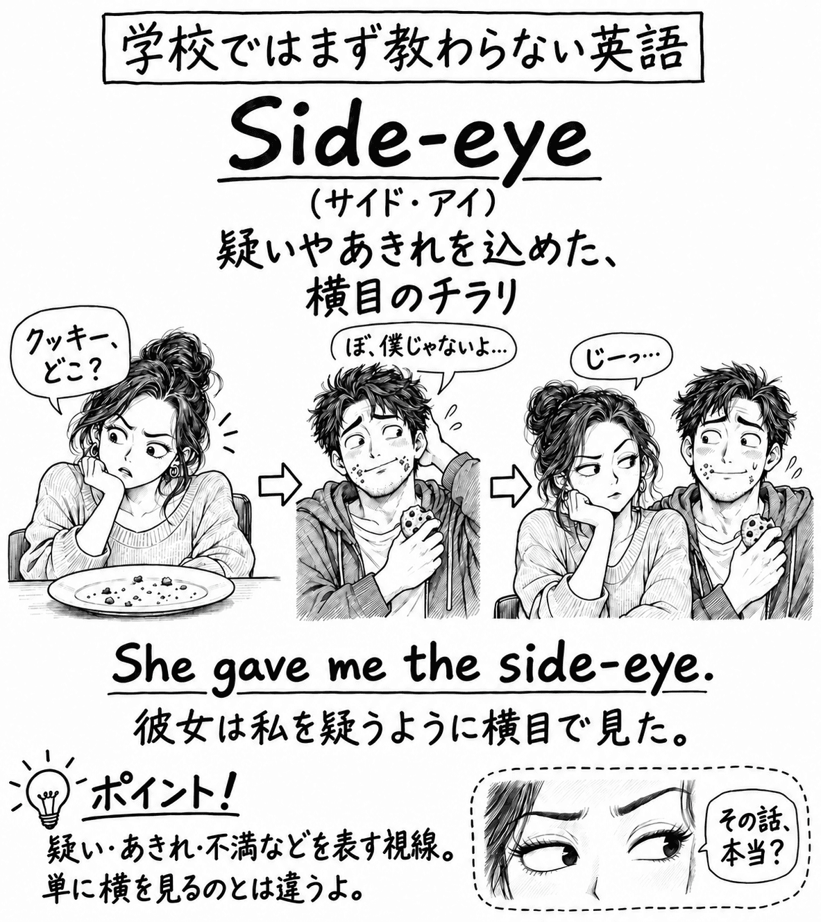「学校ではまず教わらない英語」Side-eye（サイド・アイ）の手描き風イラスト。見出しの下に「疑いやあきれを込めた、横目のチラリ」という説明がある。3コマの構成で、矢印でつながっている。1コマ目は、クッキーのかけらだけが残った皿の前で、女性がほおづえをついて「クッキー、どこ？」と言う場面。2コマ目は、口のまわりにクッキーのかけらを付けた男性が、クッキーを手に「ぼ、僕じゃないよ…」と言う場面。3コマ目は、女性が横目で男性を「じーっ…」と見ている場面。その下に "She gave me the side-eye."（彼女は私を疑うように横目で見た。）という例文。左下のポイント欄には「疑い・あきれ・不満などを表す視線。単に横を見るのとは違うよ。」とある。右下の囲みには、横目の目元のアップと「その話、本当？」という吹き出しが描かれている。