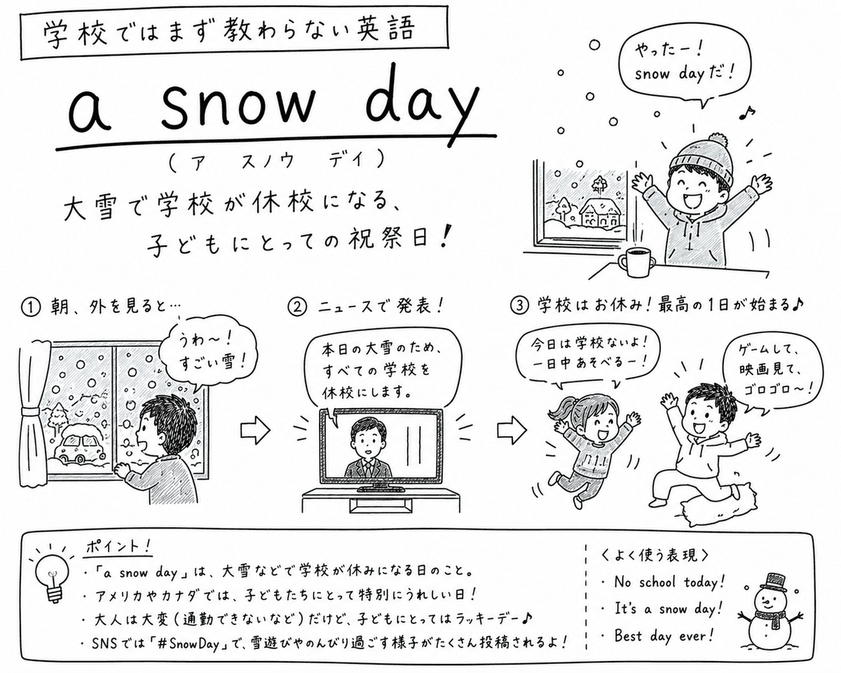 「学校ではまず教わらない英語」a snow day（ア・スノウ・デイ）の手描き風イラスト。『大雪で学校が休校になる、子どもにとっての祝祭日』という説明。①朝、窓の外を見ると『うわ〜！すごい雪！』と驚く男の子。②テレビのニュースで『本日の大雪のため、すべての学校を休校にします』と発表。③『今日は学校ないよ！』『ゲームして、映画見て、ゴロゴロ〜！』と喜ぶ子どもたち。右上には窓の外で『やったー！snow dayだ！』と喜ぶ男の子。下の囲みに『大雪などで学校が休みになる日のこと』『アメリカやカナダでは子どもにとって特別にうれしい日』『大人は通勤できないなど大変だが子どもにとってはラッキーデー』『SNSでは#SnowDayで雪遊びの様子が投稿される』とあり、よく使う表現として『No school today!』『It's a snow day!』『Best day ever!』が添えられている。雪だるまのイラストつき。