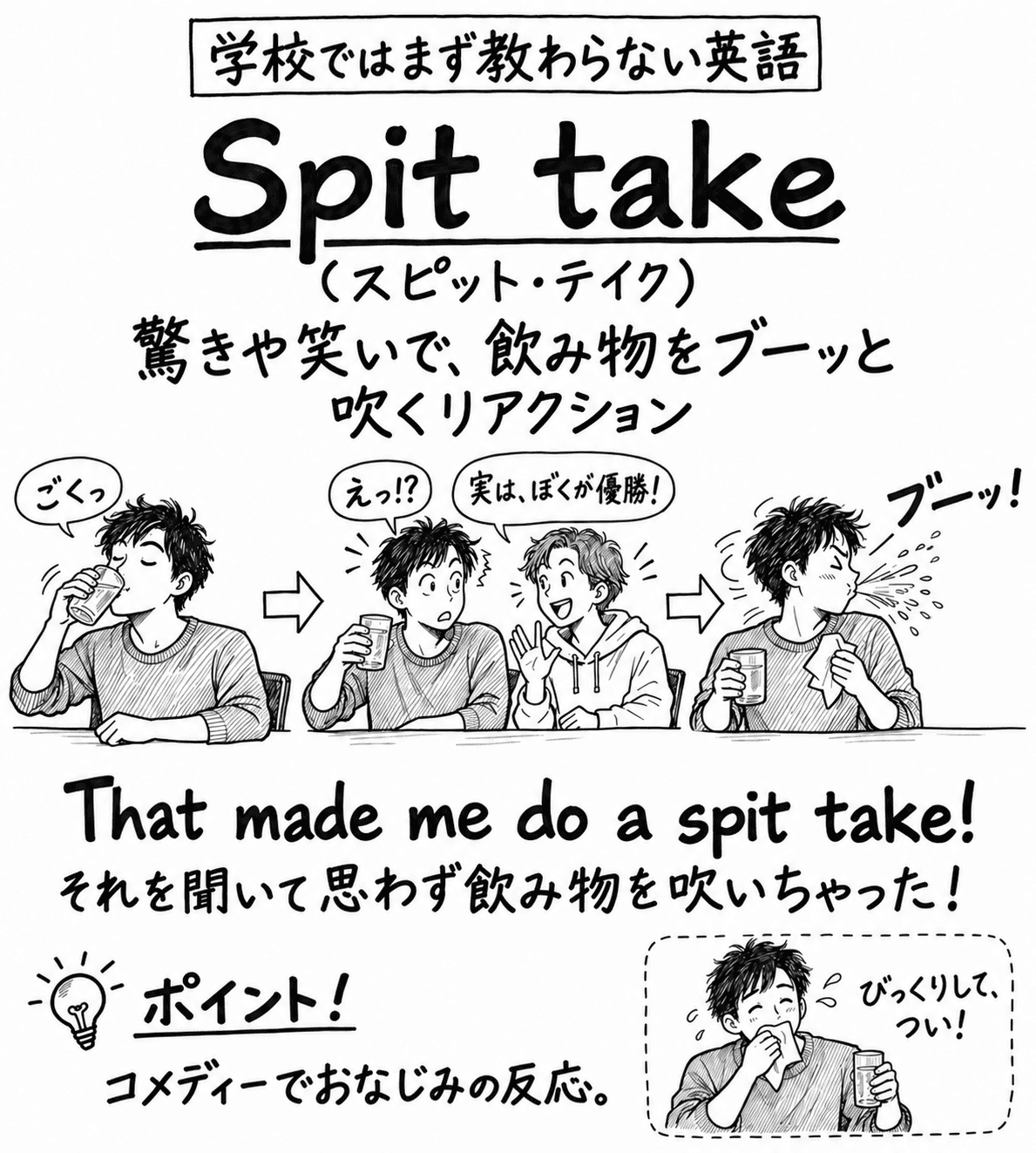 「学校ではまず教わらない英語」Spit take（スピット・テイク）の手描き風イラスト。見出しの下に「驚きや笑いで、飲み物をブーッと吹くリアクション」という説明がある。3コマの構成で、矢印でつながっている。1コマ目は、男性がコップの飲み物を「ごくっ」と飲んでいる。2コマ目は、隣の友だちが「実は、ぼくが優勝！」と言い、男性が「えっ!?」と驚いている。3コマ目は、男性が飲み物を「ブーッ！」と吹き出している。その下に "That made me do a spit take!"（それを聞いて思わず飲み物を吹いちゃった！）という例文。左下のポイント欄には「コメディーでおなじみの反応。」とある。右下の囲みには、男性がハンカチで口をふきながら「びっくりして、つい！」と言っている絵がある。