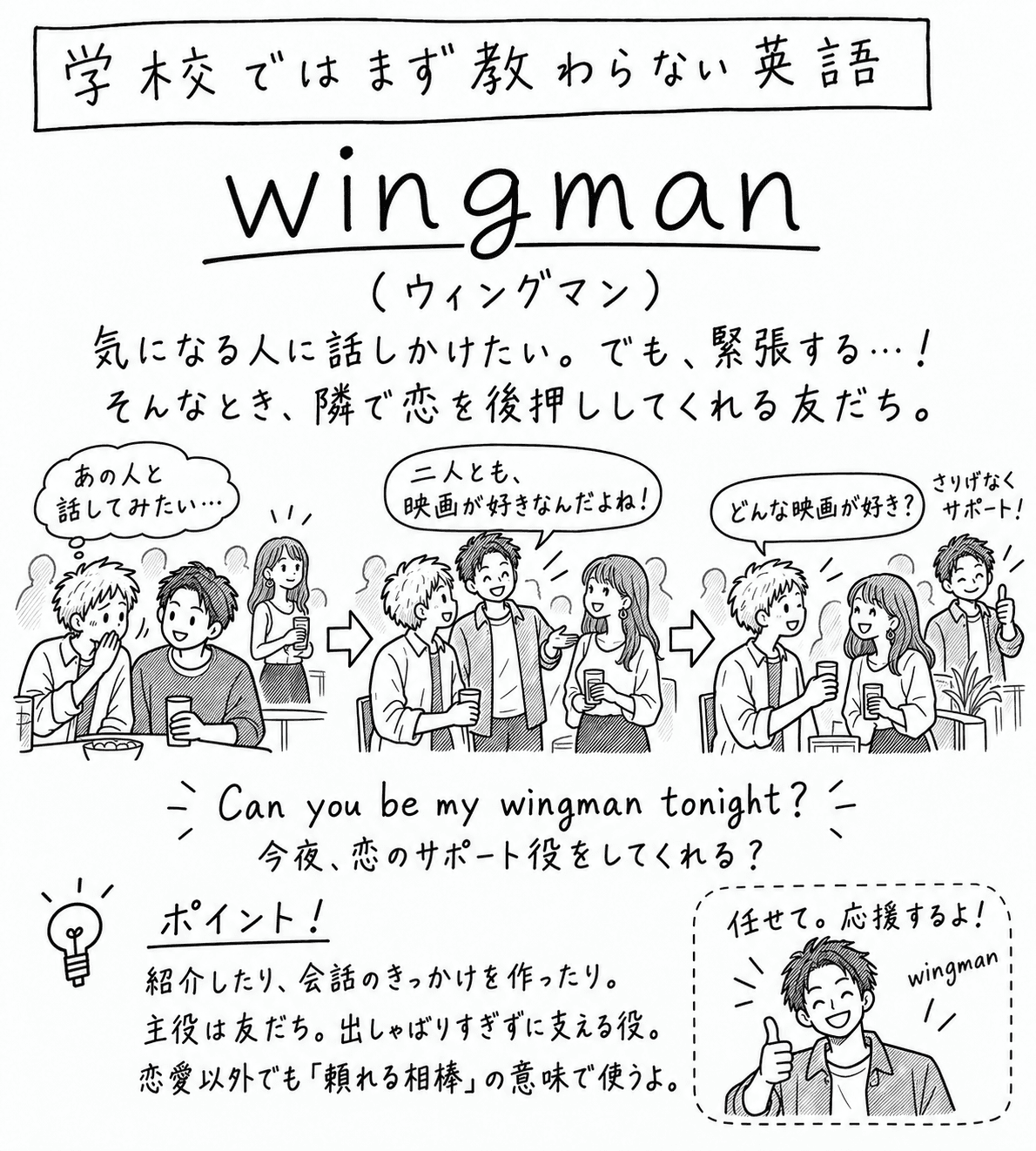 「学校ではまず教わらない英語」wingmanの手描き風イラスト。見出しの下に「気になる人に話しかけたい。でも、緊張する…！そんなとき、隣で恋を後押ししてくれる友だち。」という説明がある。3コマの構成。1コマ目、集まりのような場所で男性2人と気になる女性が近くにいて、片方の男性が「あの人と話してみたい…」と心の中で思っている。2コマ目、隣にいる友人が「二人とも、映画が好きなんだよね！」と女性に話しかけ、会話のきっかけを作っている。3コマ目、3人で「どんな映画が好き？」と話が弾んでおり、少し離れた友人が「さりげなくサポート！」と親指を立てて笑顔でいる。下に "Can you be my wingman tonight?"（今夜、恋のサポート役をしてくれる？）という決め台詞。左下のポイント欄には「紹介したり、会話のきっかけを作ったり。主役は友だち。出しゃばりすぎずに支える役。恋愛以外でも『頼れる相棒』の意味で使うよ。」とある。右下に、親指を立てた男性が「任せて。応援するよ！」と言っている絵と "wingman" の文字。