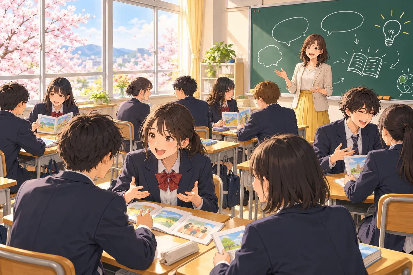英語の授業でペアで話す生徒たちと先生のイラスト