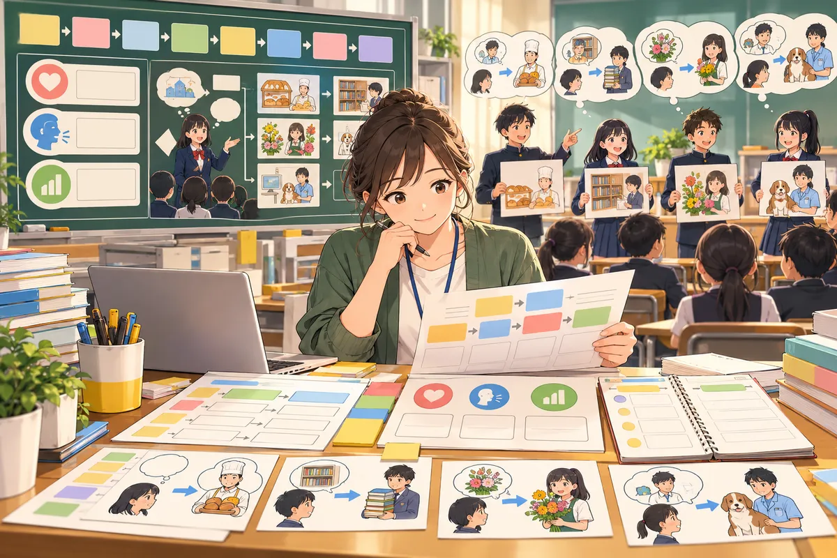 中学校英語の学習指導案 完全例 ― 中2「職場体験を1年生に伝えよう」細案と略案のイメージ