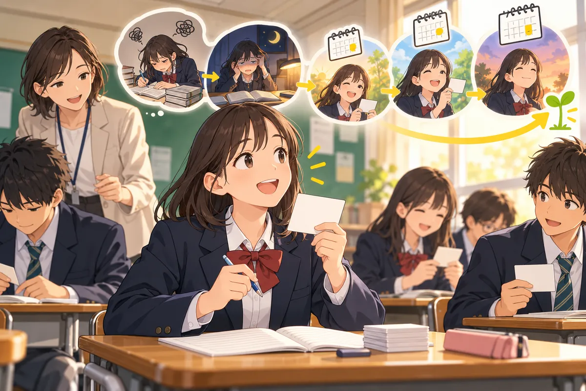 単語を定着させる覚え方 ― 間隔をあけて「思い出す」が最強の理由と単語テストの作り方のイメージ