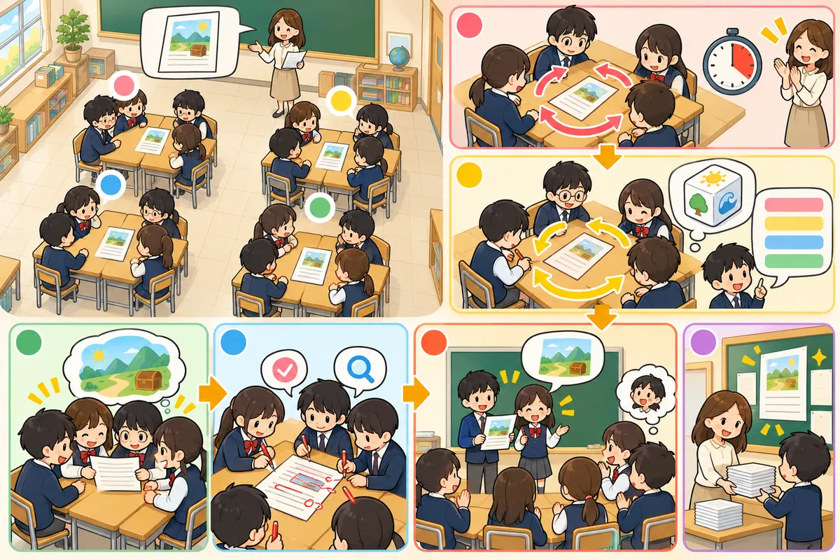 チェーンストーリー(リレー作文)― 1人1文ずつ書いて回し、班で1つの物語を完成させるの教室の配置と動き方
