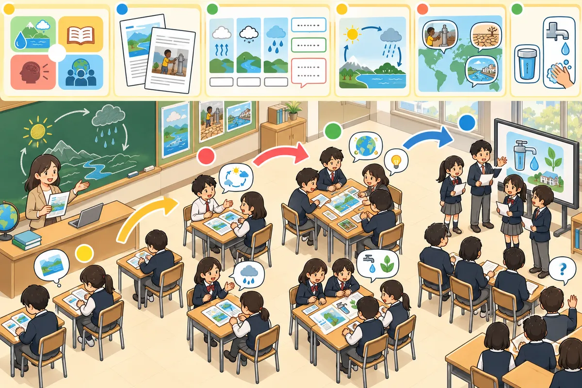 CLIL ミニ単元 ― 「水」を英語で学ぶ3時間：理科・社会の内容と英語を一緒にの教室の配置と動き方