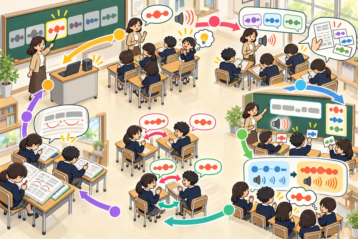音の変化クイズ ― "Did you" が「ディジュ」になるのを聞き分けるの教室の配置と動き方