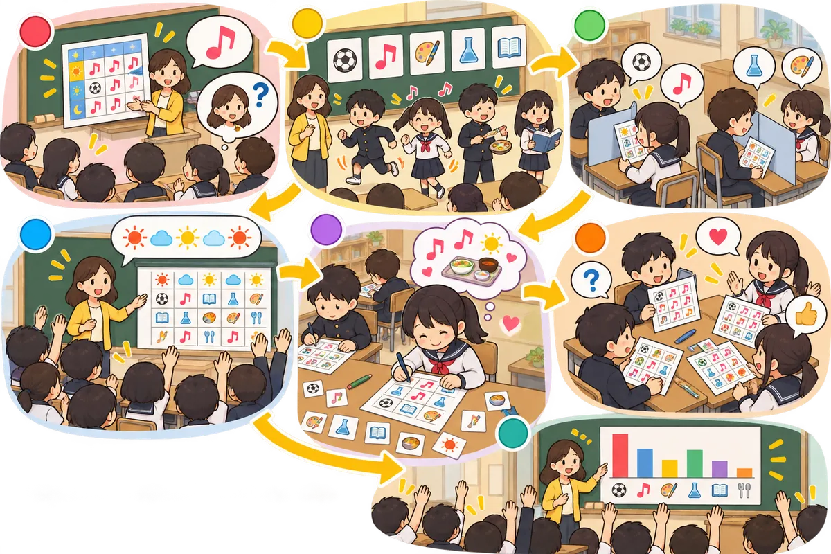 夢の時間割 ― 「What do you have on Monday?」で聞き合い、理想の1日を伝えるの教室の配置と動き方