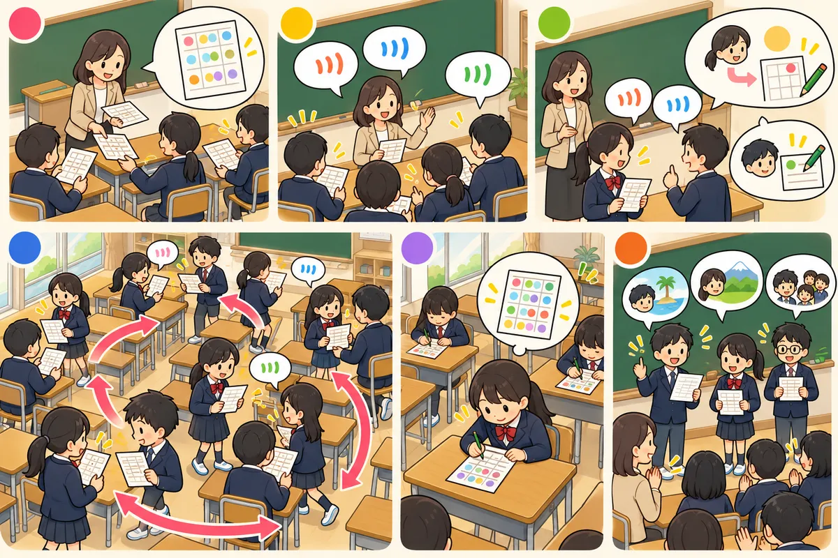 Find Someone Who ― 歩き回って同じ質問を何度も言う「ビンゴ型」インタビューの教室の配置と動き方