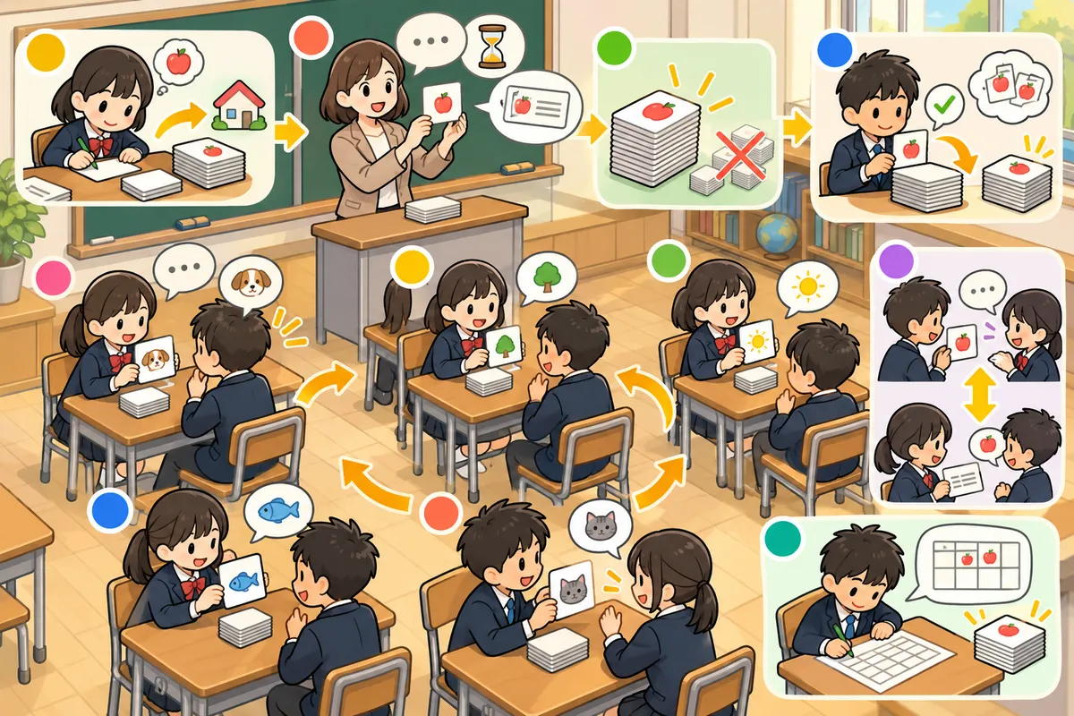 単語カードの正しい回し方 ― 「思い出してからめくる」「間をあけて回す」の教室の配置と動き方