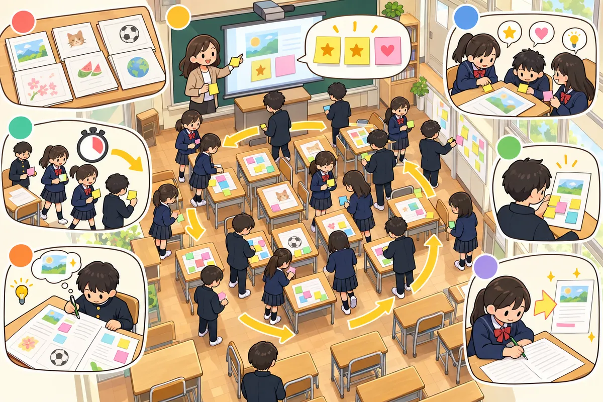 ギャラリーウォーク ― 友だちの英作文を「美術館のように」読み歩き、付箋でコメントを残すの教室の配置と動き方
