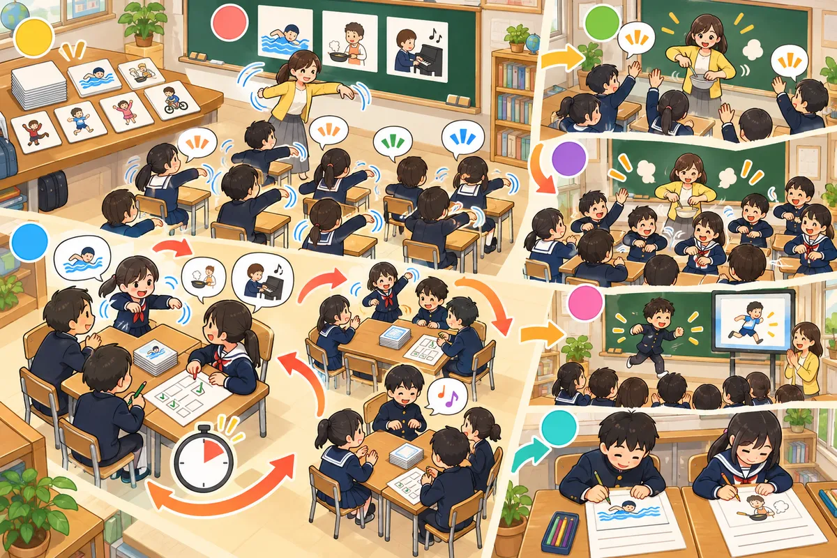 ジェスチャー当てクイズ ― 体で表して、英語で当てる「動き」の語彙ゲームの教室の配置と動き方
