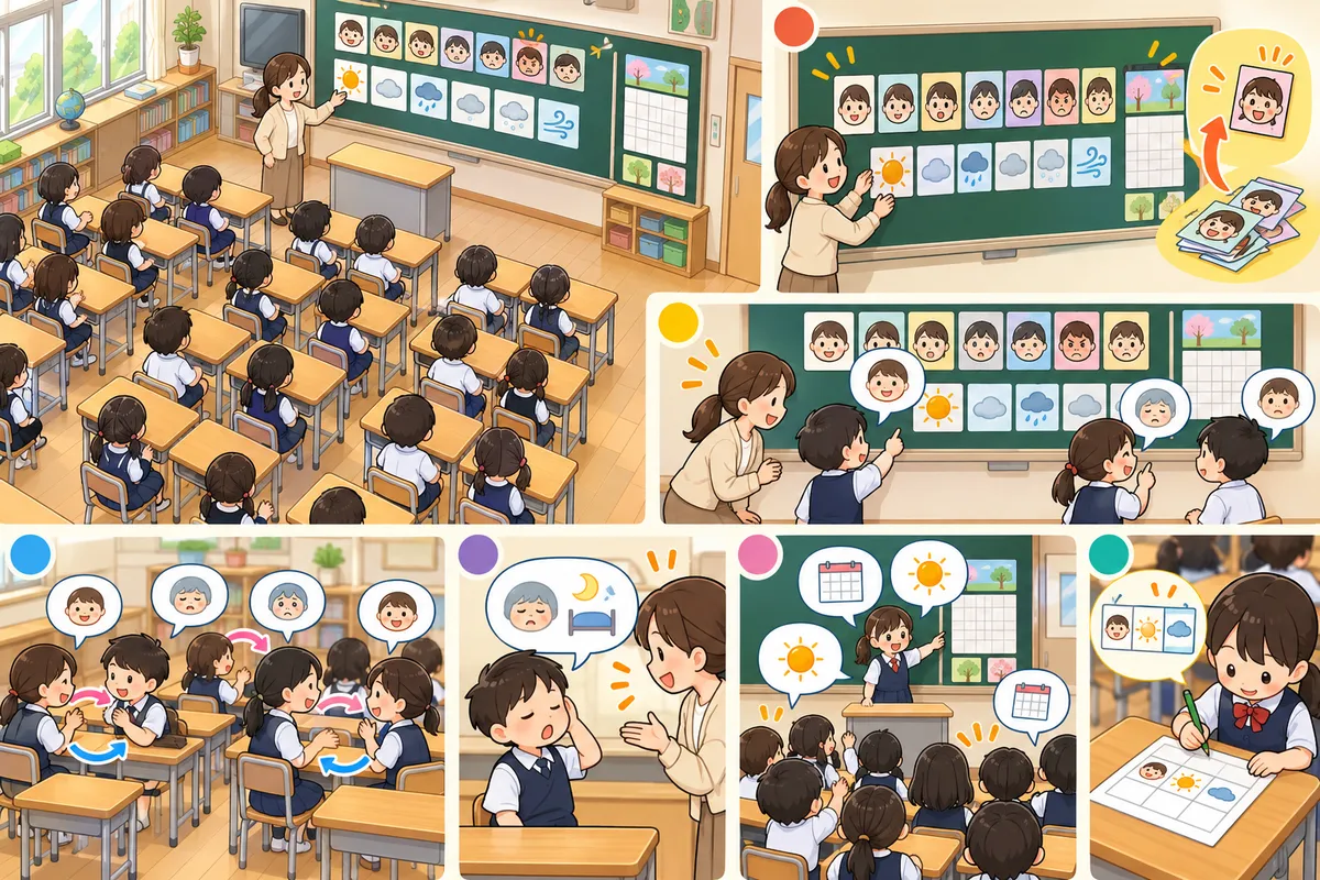 あいさつのルーティン ― 毎時間3〜5分の「Hello → How are you? → 今日の日付」を育てるの教室の配置と動き方