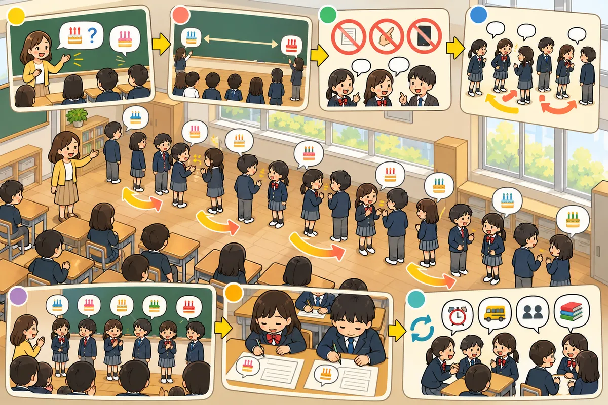 Line-up（英語で並びかえ）― 誕生日順・起きた時刻順に、英語だけで聞き合って1列に並ぶの教室の配置と動き方