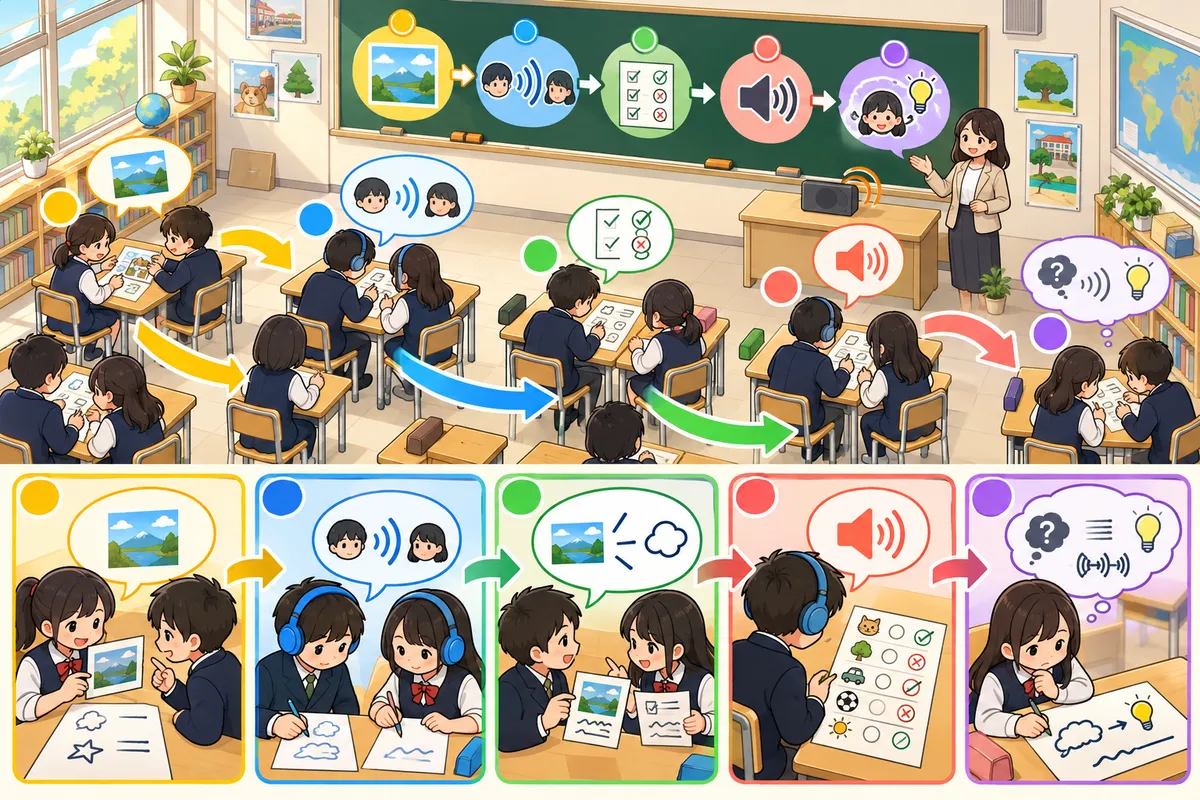 予測→大意→詳細→ふり返りの4段リスニング ― 「聞いて答え合わせ」で終わらせないの教室の配置と動き方