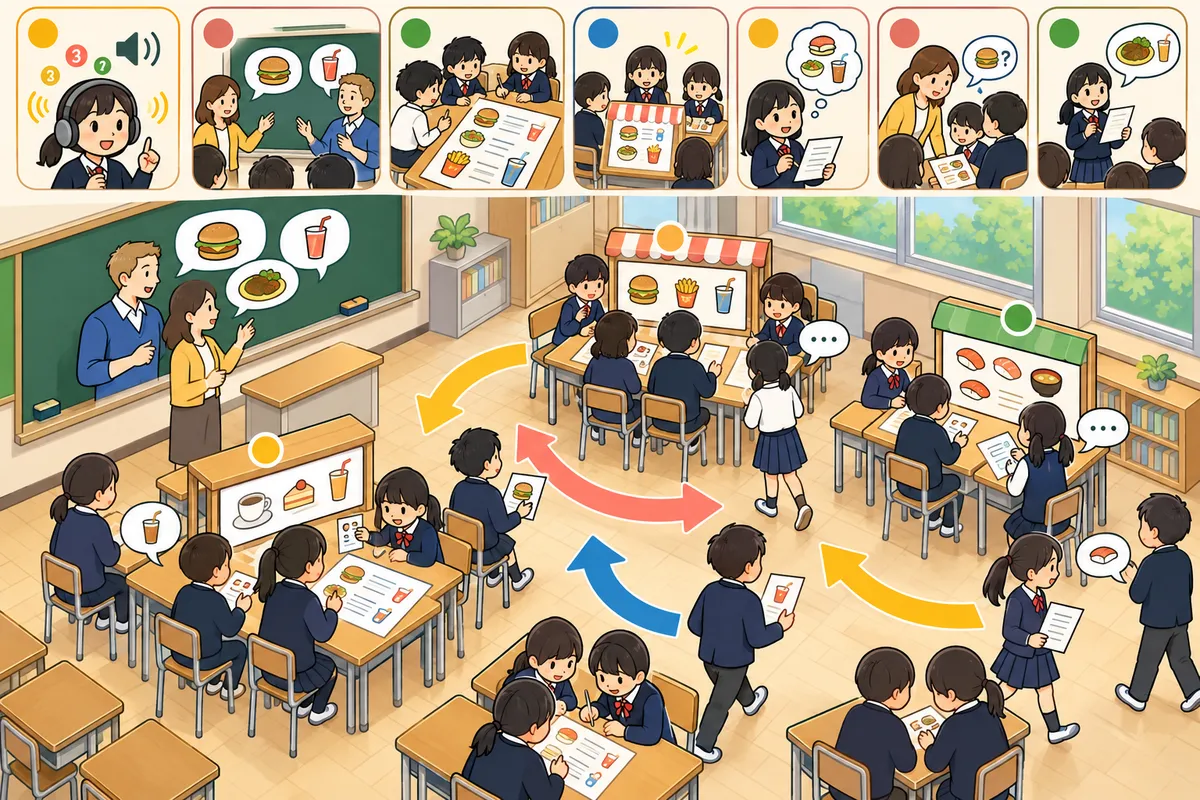 Let's make a menu ― メニューを作って「What would you like?」の注文ごっこの教室の配置と動き方