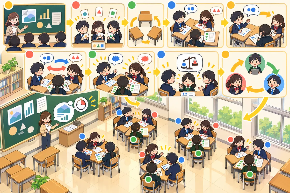 ミニ・ディベート ― 3人1組、1試合10分の「立論→質問→反論」の教室の配置と動き方