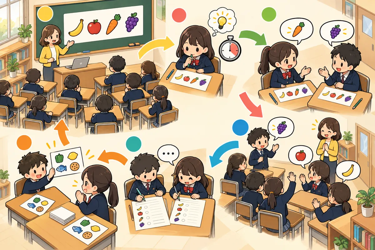 Odd One Out(仲間はずれさがし)― 4つの単語から1つ選び、理由を英語で言う語彙の帯活動の教室の配置と動き方
