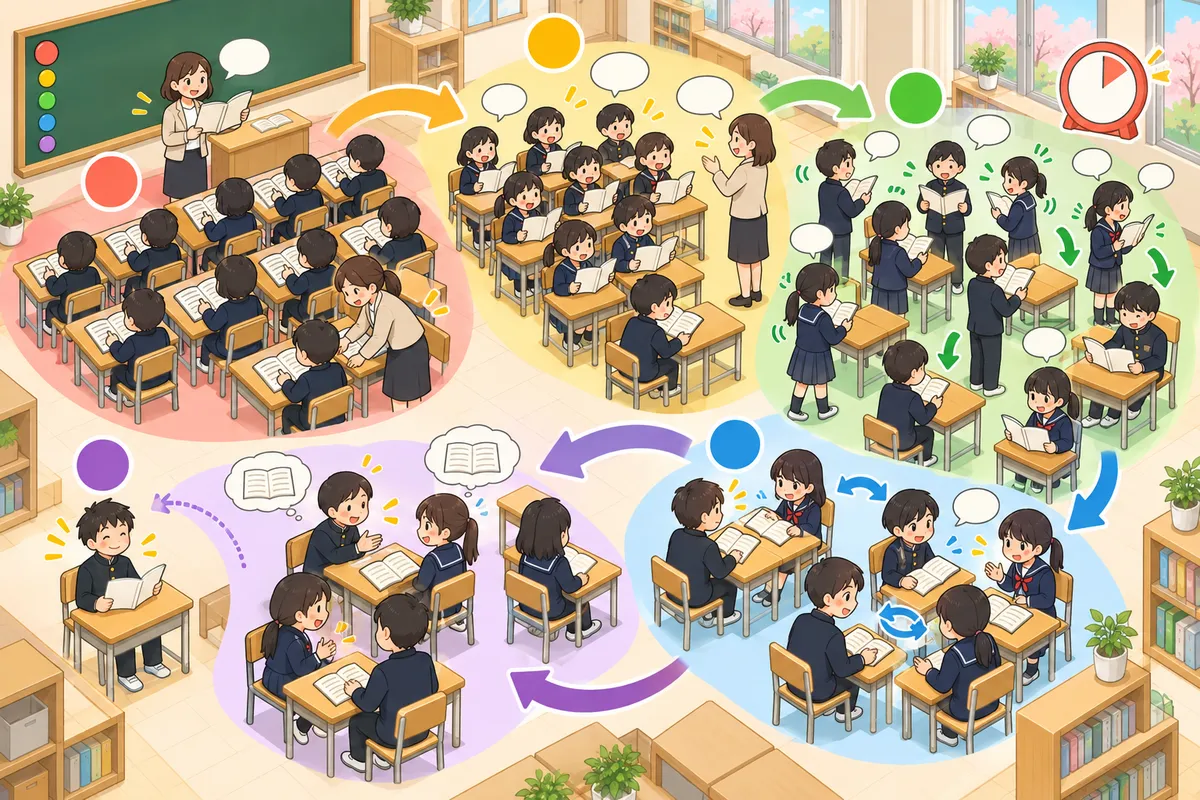 音読の段階練習 ― 聞く→コーラス→バズ→ペア→顔を上げて言う、の5段階の教室の配置と動き方