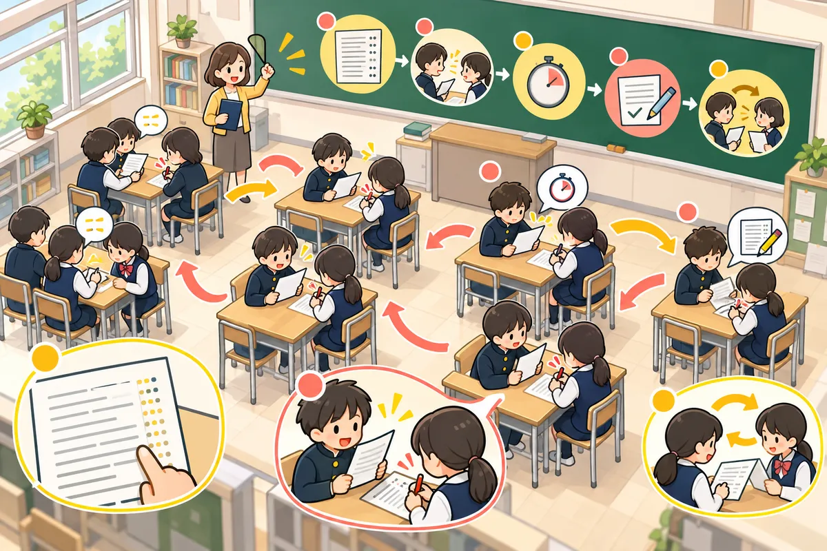 1分間音読タイムトライアル ― 読めた語数を記録して、伸びを見える化の教室の配置と動き方