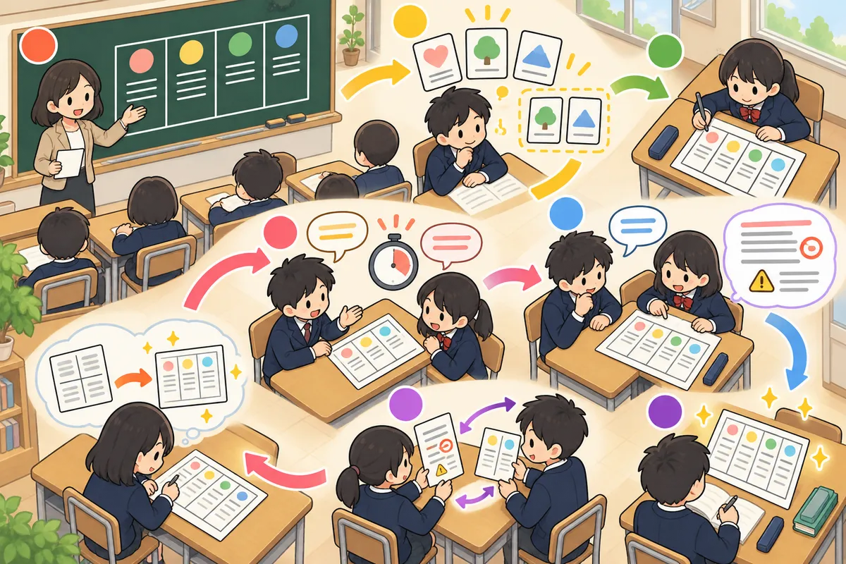 意見文の4コマ構成 ― 序論・理由1・理由2・結論を「4つの箱」で組み立てるの教室の配置と動き方
