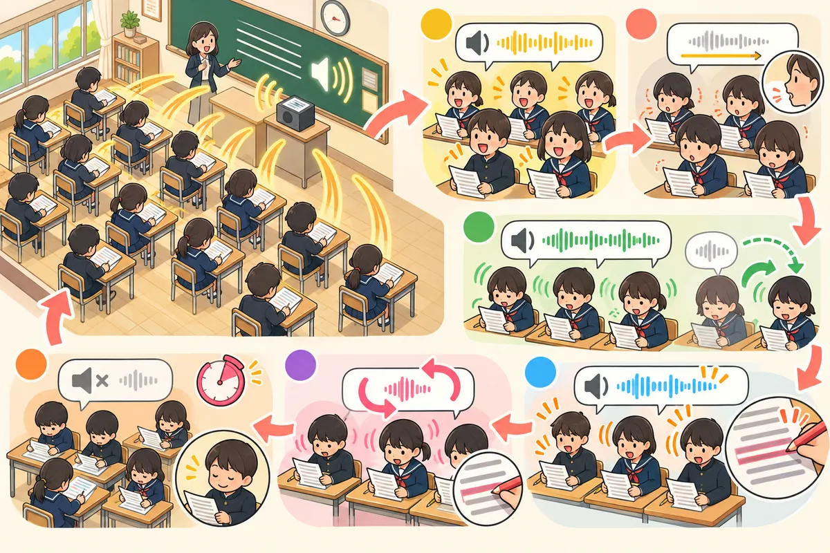 オーバーラッピング ― 音声にぴったり重ねて読み、英語のリズムを体に入れるの教室の配置と動き方