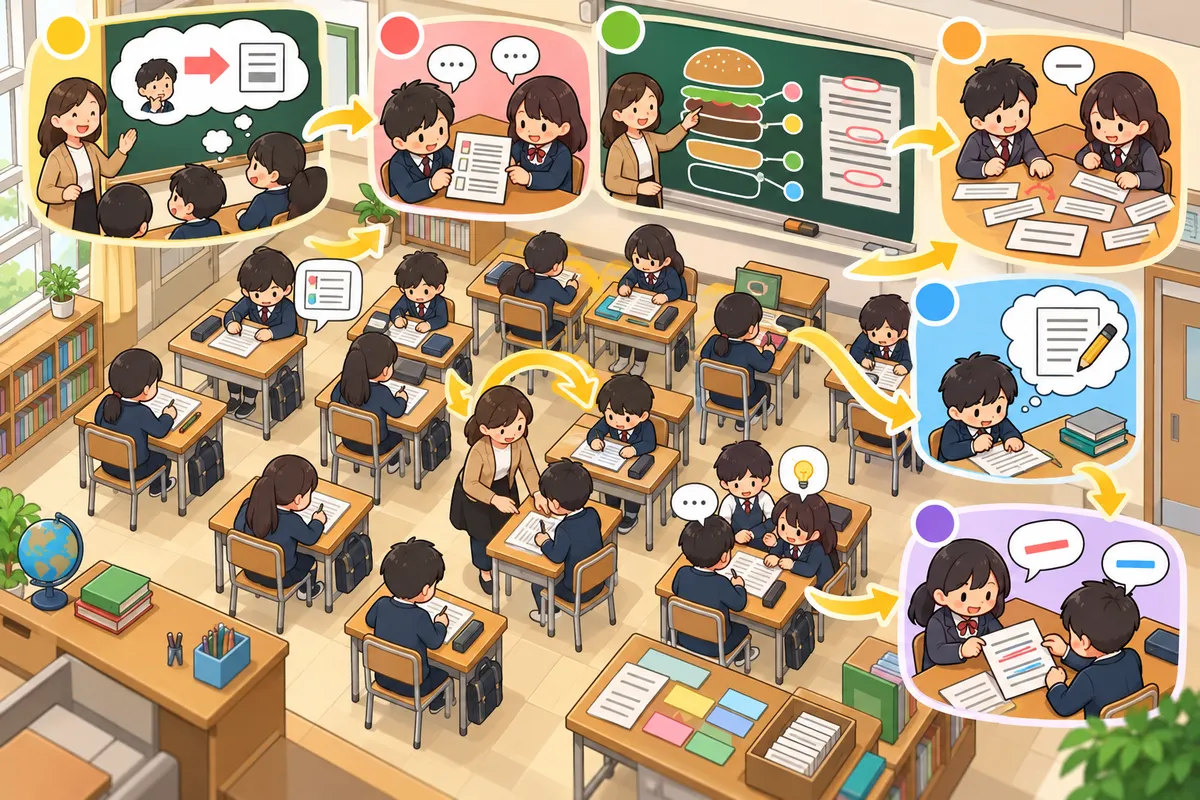 パラグラフ・ライティングの型 ― トピック・センテンス→サポート→結論を「分解」から学ぶの教室の配置と動き方