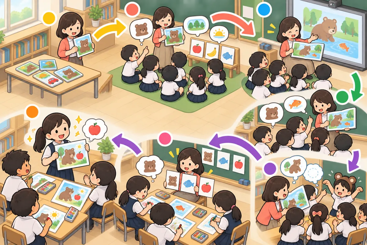 英語絵本の読み聞かせ ― 「くり返し読む」「ひとこと説明」「子どもを巻きこむ」の教室の配置と動き方