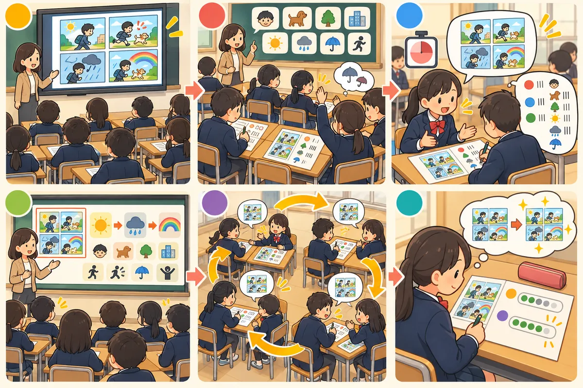ピクチャー・ディスクリプション ― 1枚の絵・4コマ漫画を英語で語るの教室の配置と動き方
