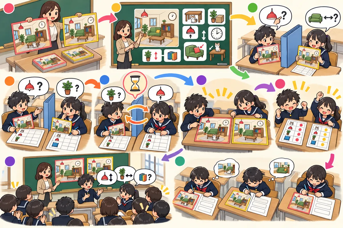 間違い探し会話（Spot the Difference）― 見せ合わずに英語だけで、2枚の絵の違いを7つ見つけるの教室の配置と動き方