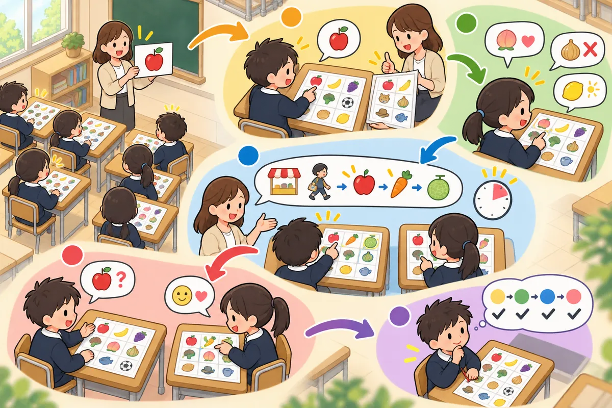 ポインティング・ゲーム ― 聞いて指さすだけで、単語から「短い話の中の語」まで聞き取るの教室の配置と動き方