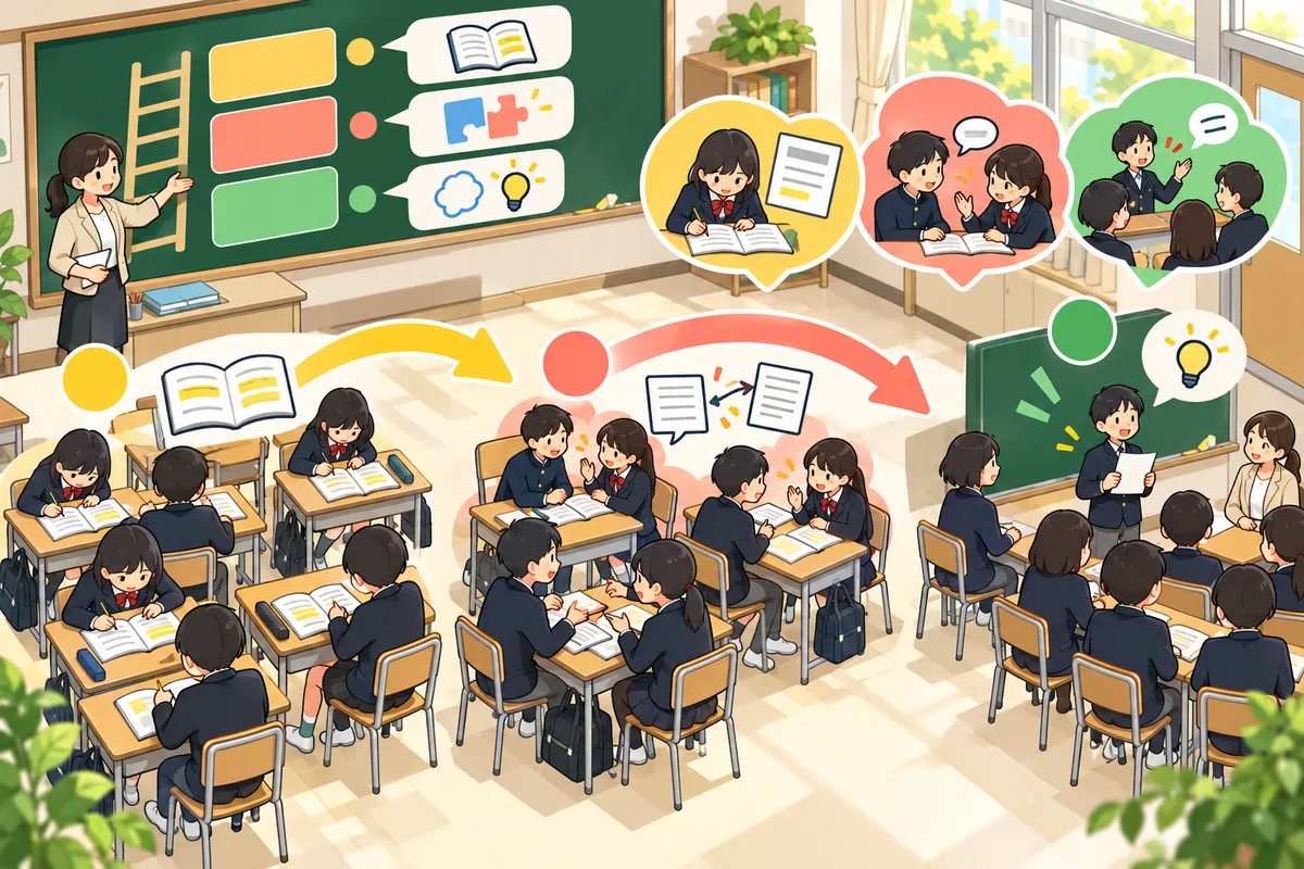 発問のはしご(Q&A リーディング)― 事実→推論→自分の考え、の3段で読みを深めるの教室の配置と動き方