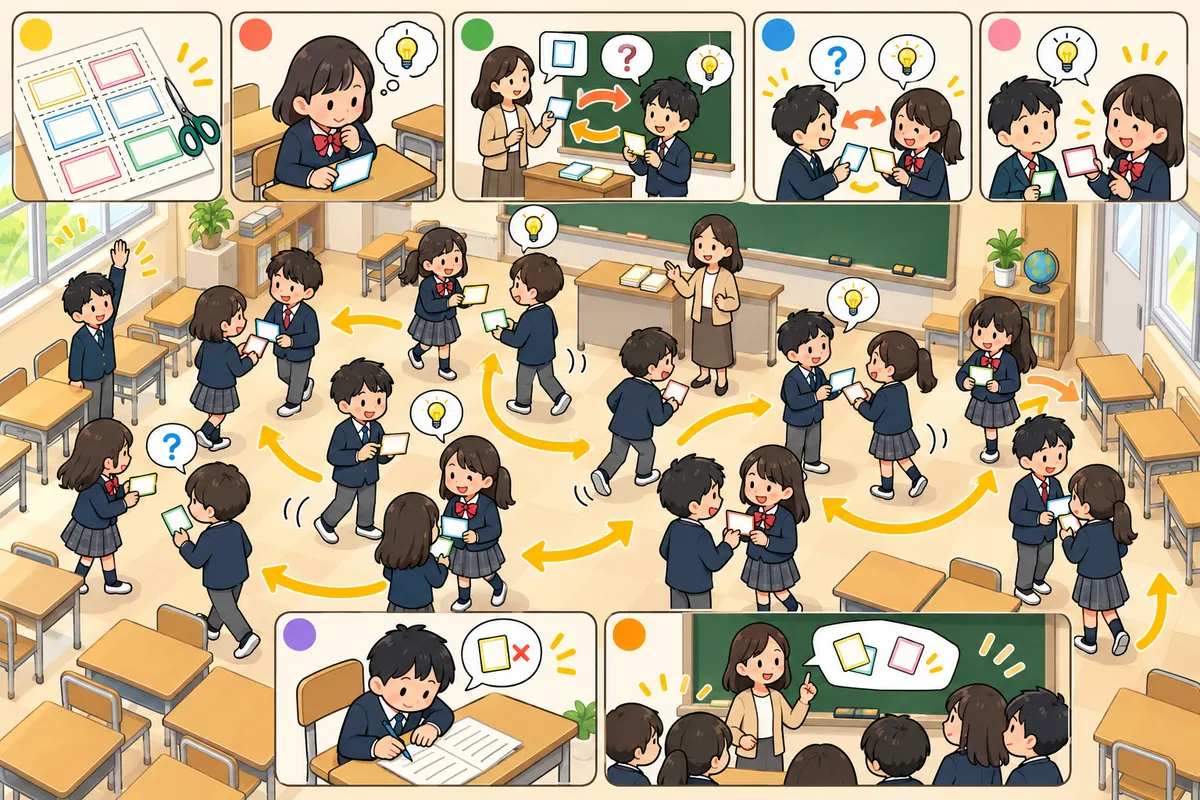 Quiz-Quiz-Trade（クイズ・クイズ・トレード）― カードを出し合って交換、全員が出題者になる復習活動の教室の配置と動き方
