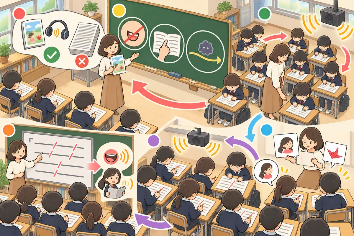 聞き読み（リーディング・ホワイル・リスニング）― 音声を聞きながら目で文字を追うの教室の配置と動き方