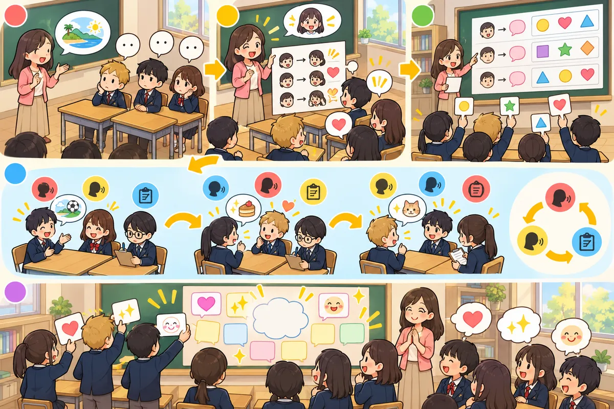 リアクション練習(相づち) ― 「繰り返す+一言感想」で聞き手を育てるの教室の配置と動き方