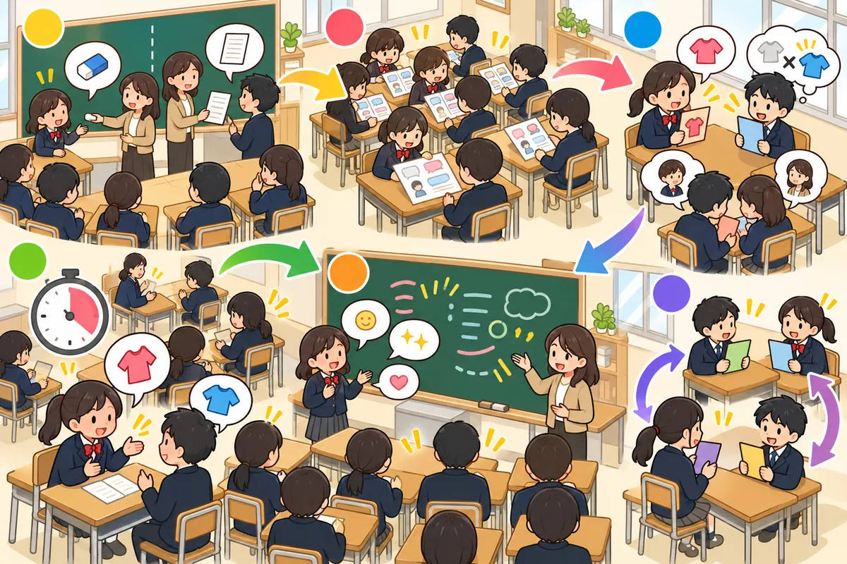 ロールプレイ ― 場面と相手を変えて「ふさわしい言い方」を練習するの教室の配置と動き方